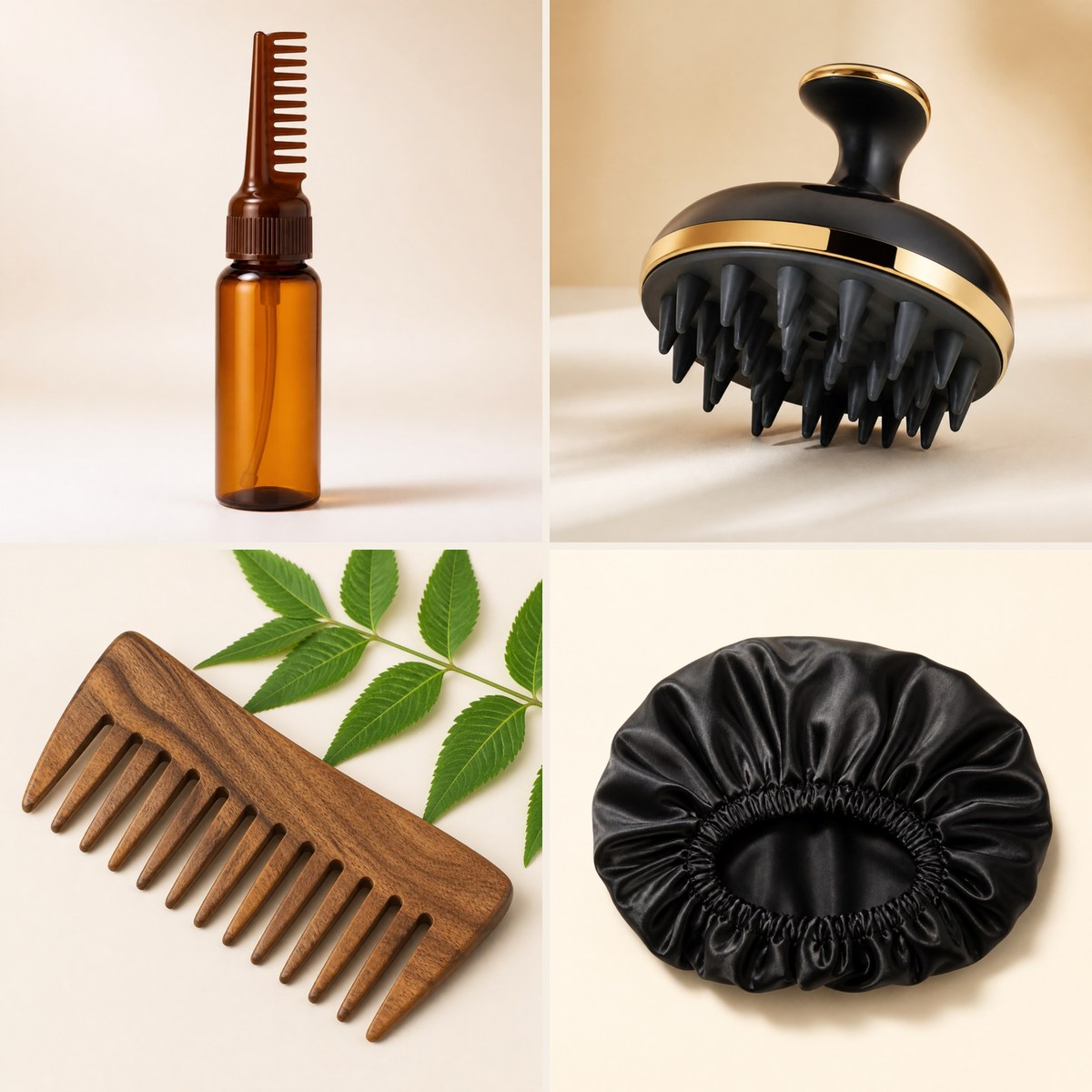 BAAZ hair accessories: oil comb, scalp massager and wooden comb